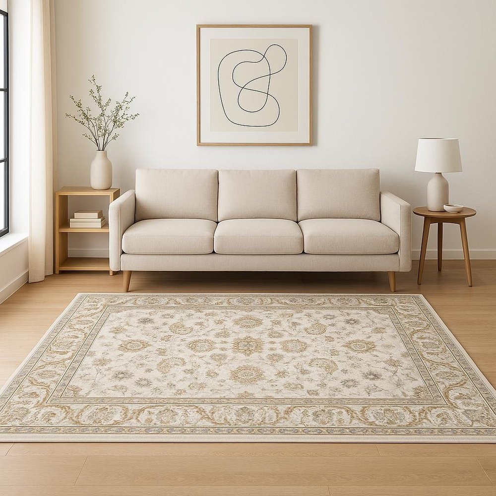 5' X 8' Ivory And Grey Oriental Power Loom Stain Resistant Area Rug With Fringe