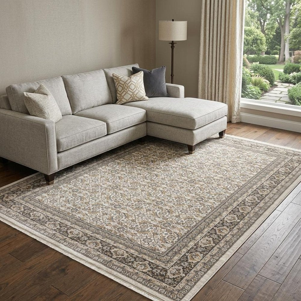 7' X 10' Ivory And Charcoal Oriental Area Rug With Fringe