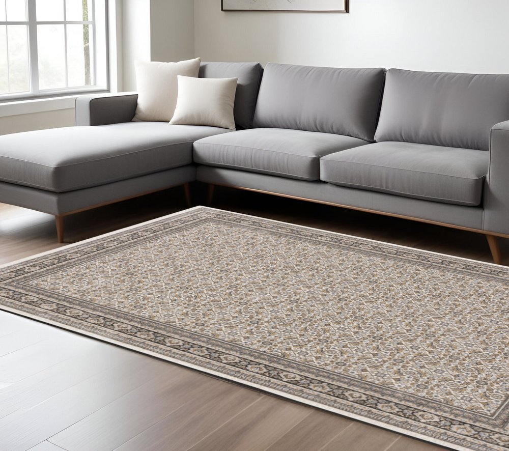 8' X 11' Ivory And Charcoal Oriental Area Rug With Fringe