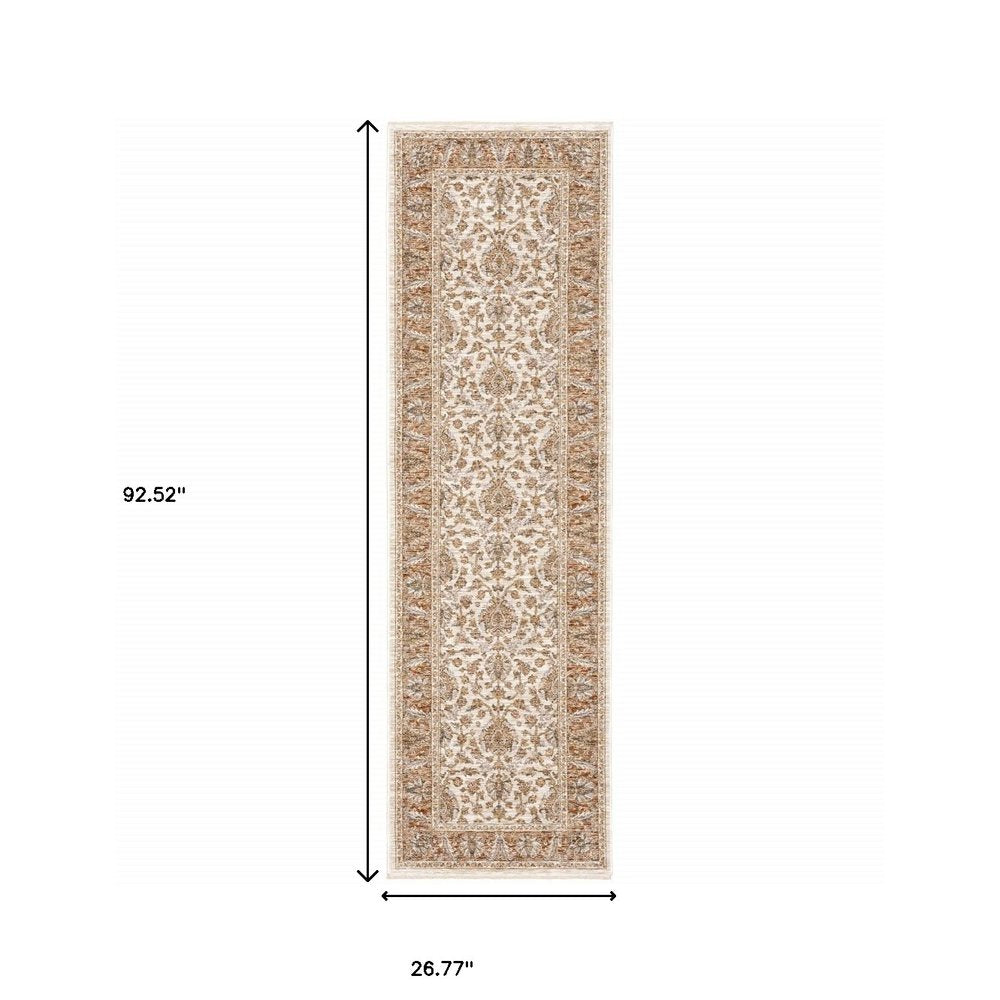 2' X 8' Rust And Ivory Oriental Power Loom Stain Resistant Runner Rug With Fringe