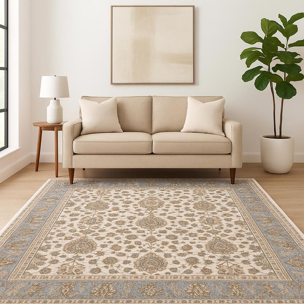 5' X 8' Ivory And Blue Oriental Power Loom Stain Resistant Area Rug With Fringe