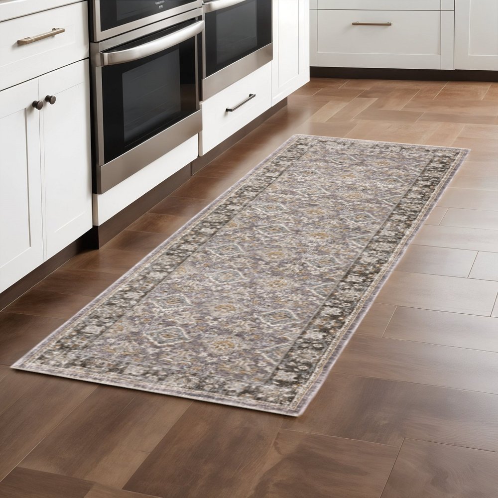 2' X 8' Grey And Blue Oriental Power Loom Stain Resistant Runner Rug With Fringe