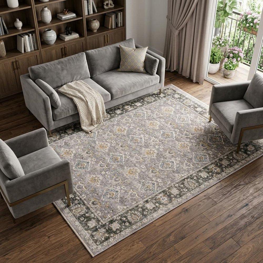7' X 10' Gray And Blue Oriental Distressed Area Rug With Fringe