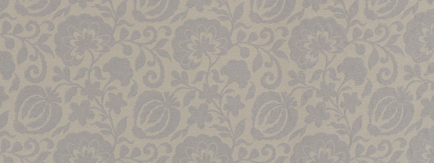 Beige damask floral pattern with ornate scrolling motifs.