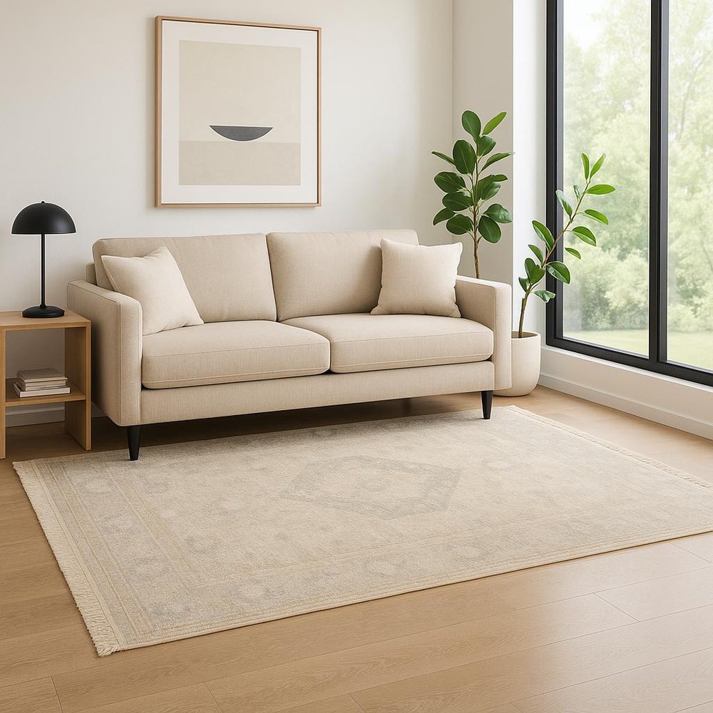 5' X 8' Beige And Grey Oriental Hand Loomed Stain Resistant Area Rug With Fringe