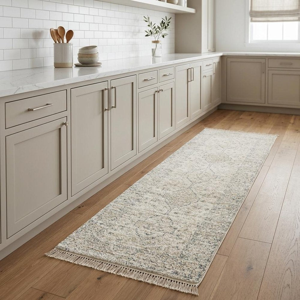8' Beige And Charcoal Oriental Hand Loomed Distressed Runner Rug With Fringe