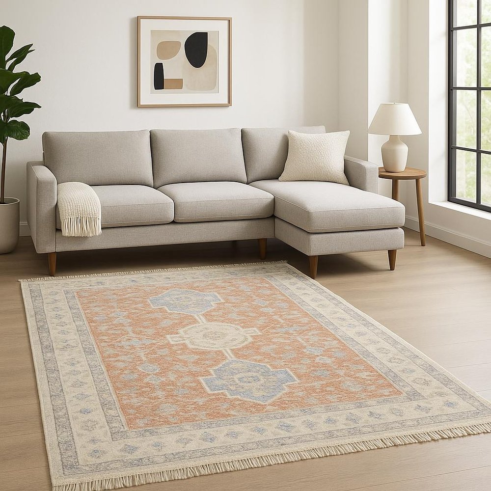 10' X 13' Orange And Blue Oriental Hand Loomed Stain Resistant Area Rug With Fringe