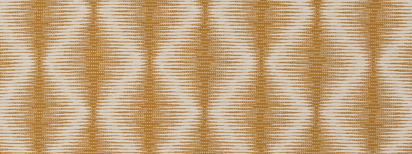 Golden-tan ikat-style woven upholstery fabric with repeating diamond motifs.