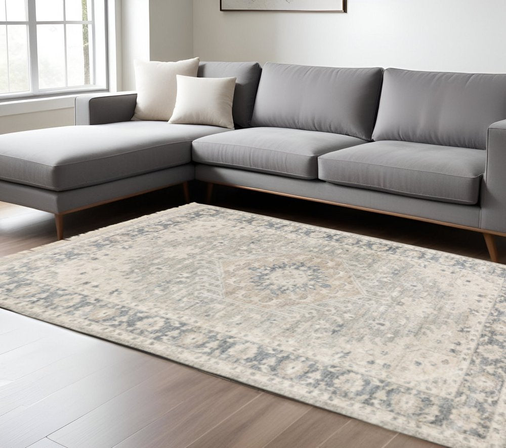 8' X 10' Beige And Grey Oriental Hand Loomed Stain Resistant Area Rug With Fringe