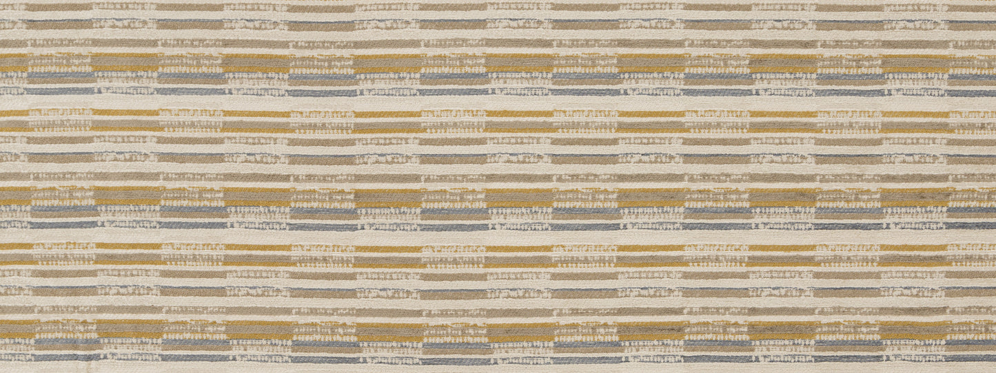 Flat-weave upholstery fabric with thin horizontal stripes in beige, gray, tan, blue-gray and mustard.