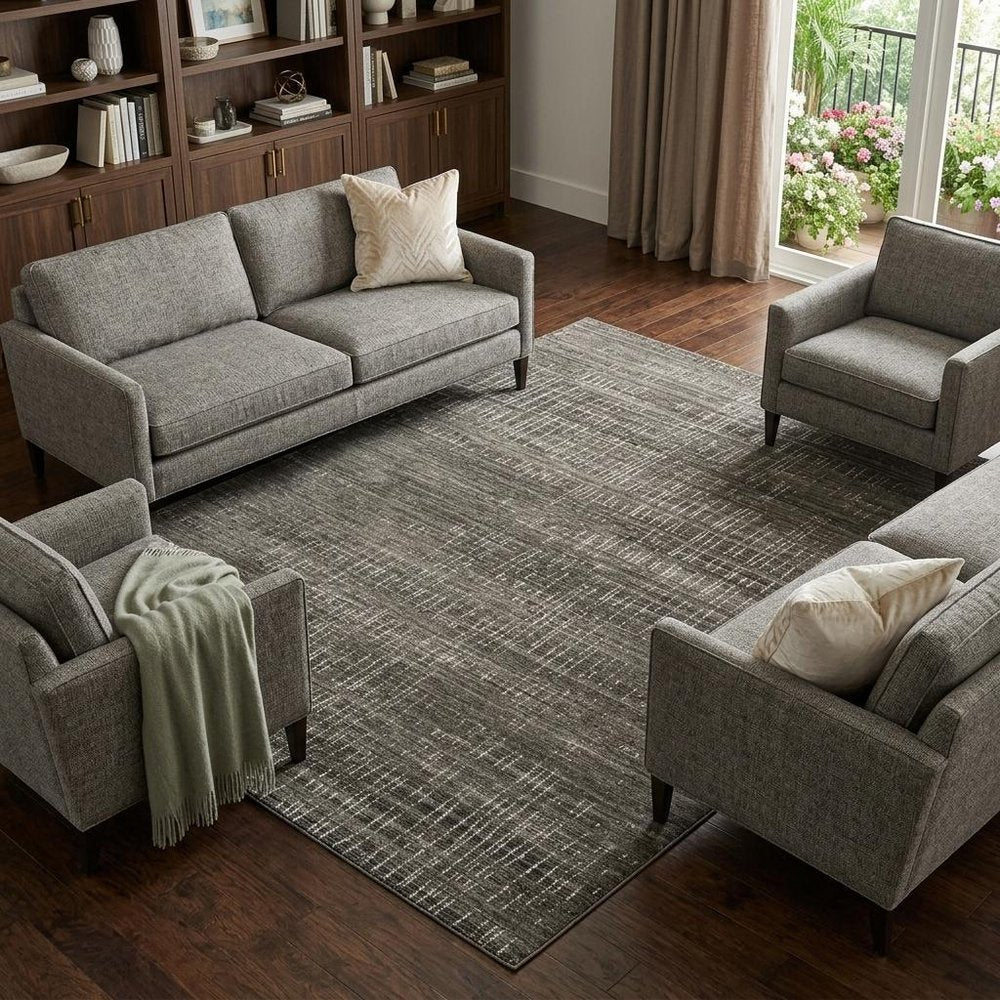 7' X 10' Charcoal And Gray Abstract Distressed Area Rug