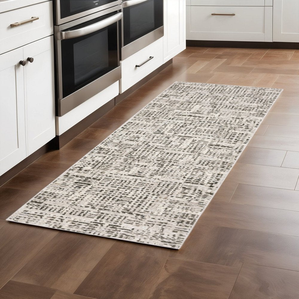 2' X 8' Ivory Grey Charcoal Brown And Beige Abstract Power Loom Stain Resistant Runner Rug