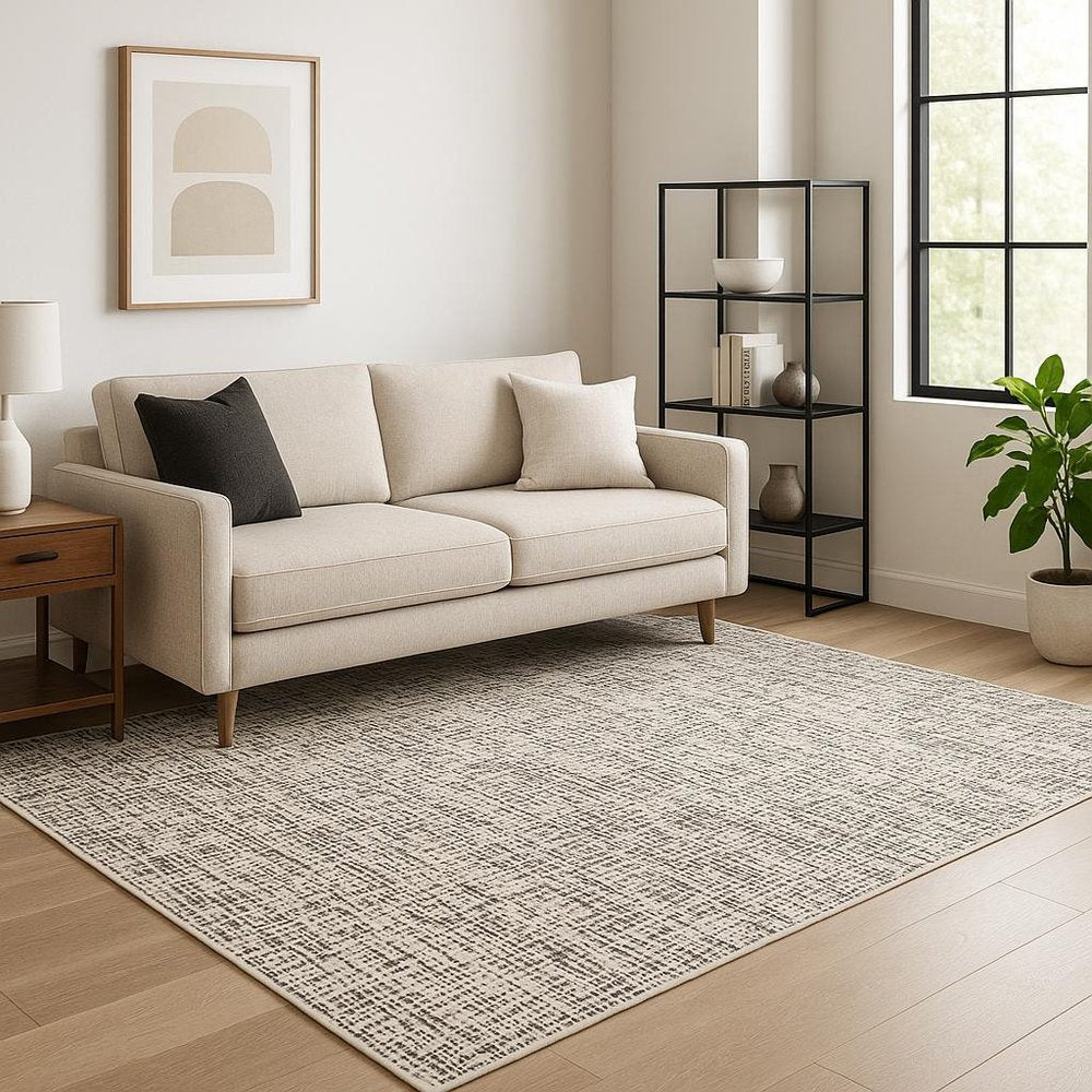5' X 8' Ivory Grey Charcoal Brown And Beige Abstract Power Loom Stain Resistant Area Rug