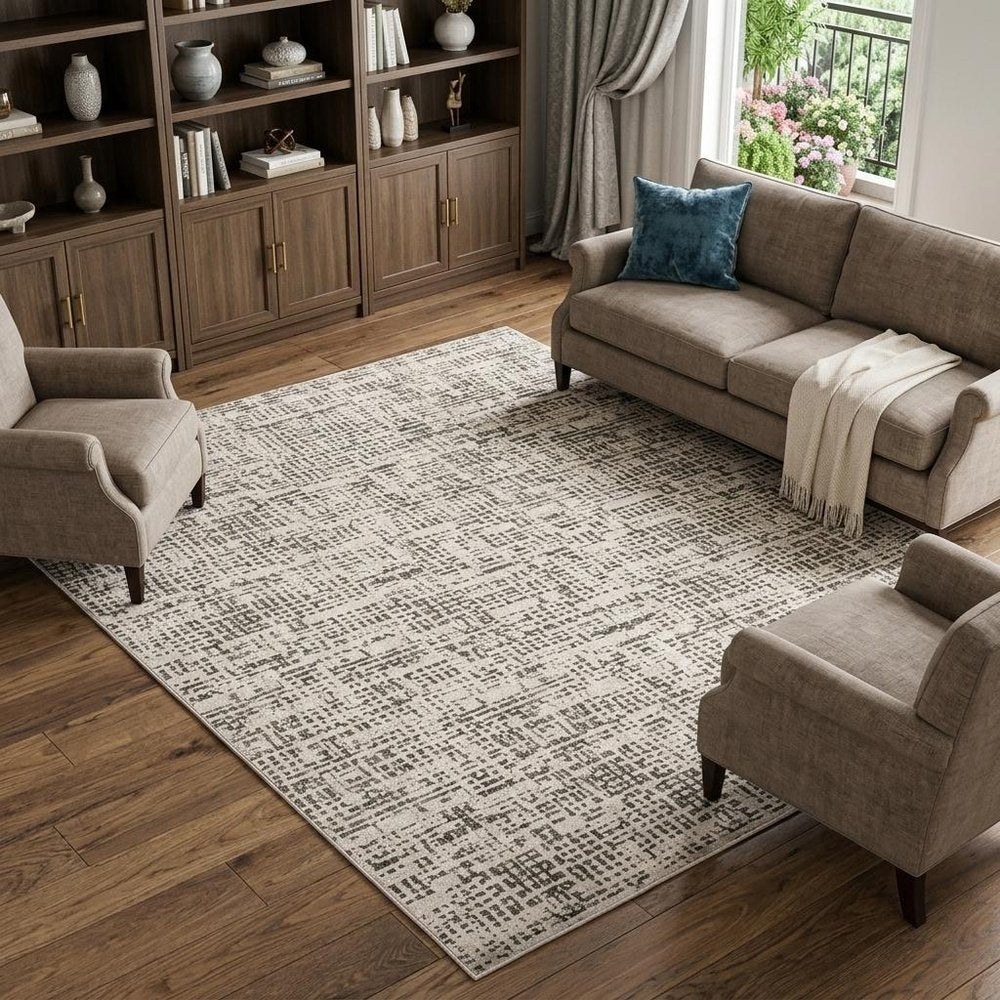 7' X 10' Ivory And Gray Abstract Area Rug