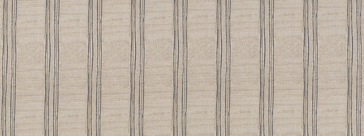 Beige woven fabric with narrow vertical charcoal stripes; upholstery textile.