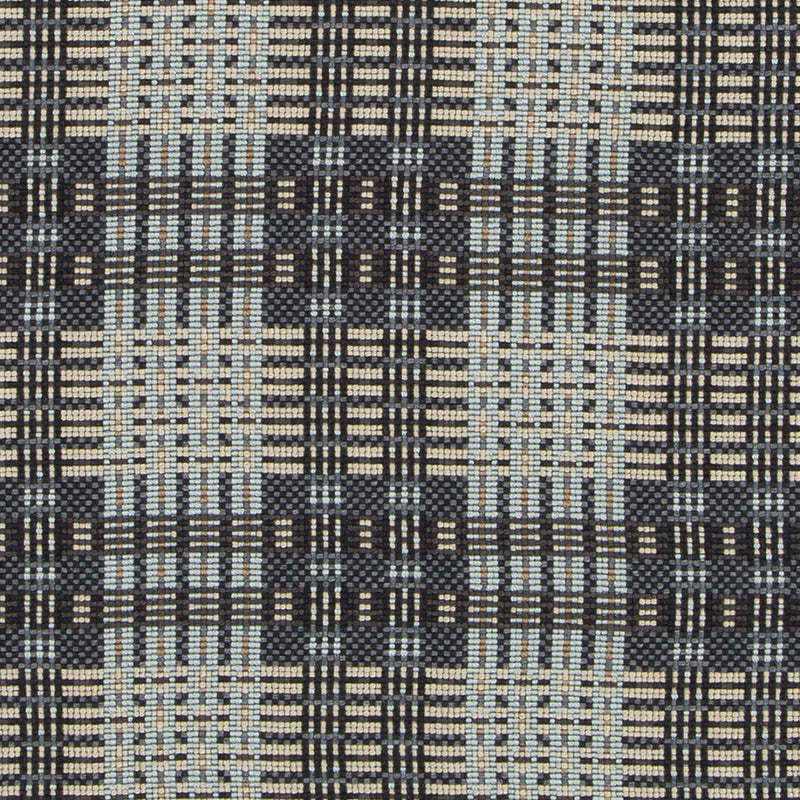 Navy, beige and light-blue woven plaid fabric with a dense grid pattern; suitable for upholstery.