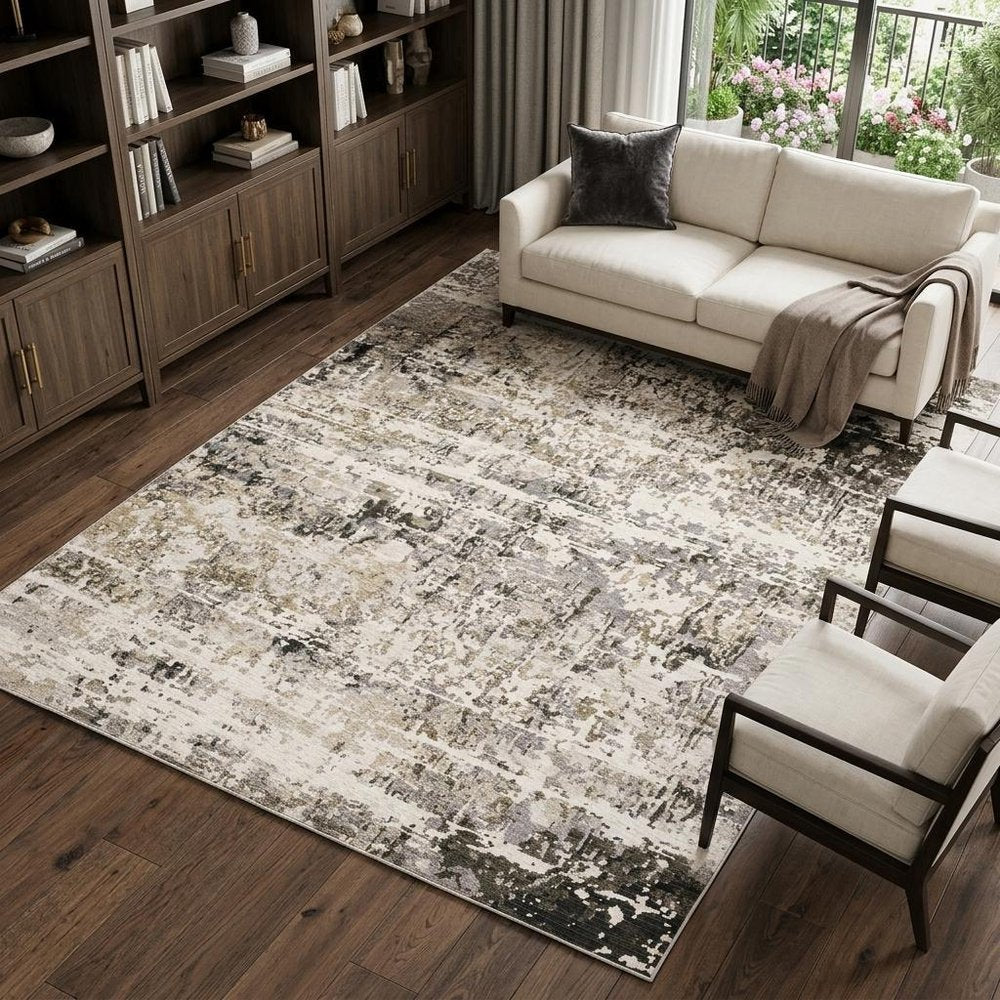 7' X 10' Gray And Beige Abstract Distressed Area Rug