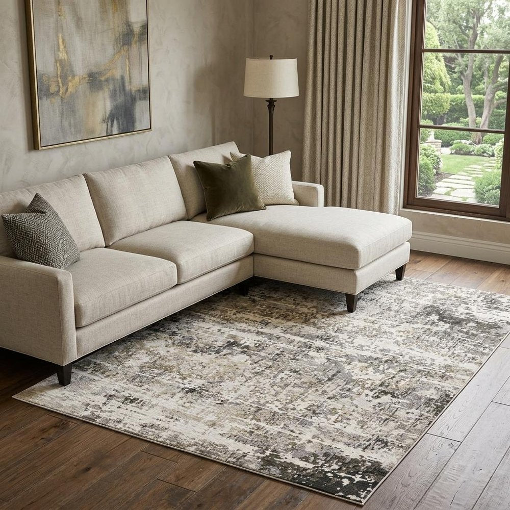 7' X 10' Gray And Beige Abstract Distressed Area Rug