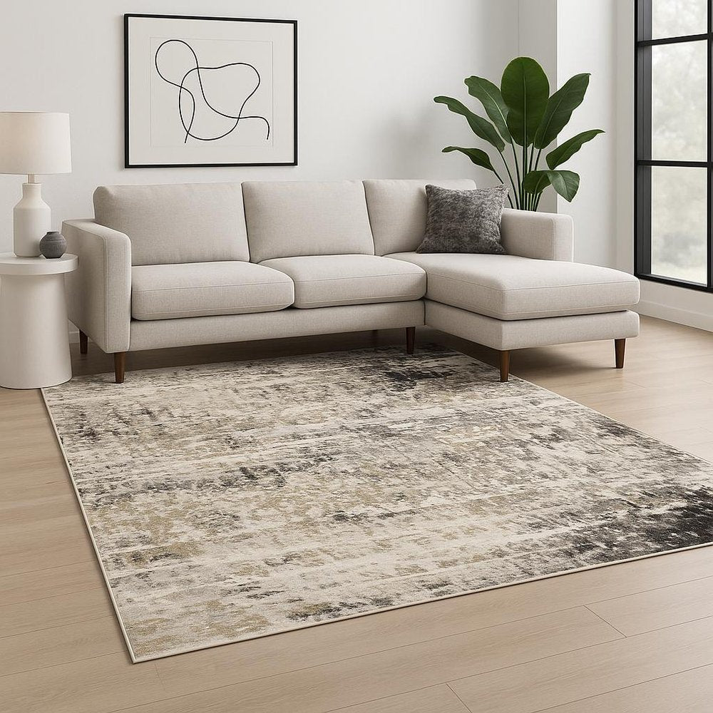 10' X 13' Grey Ivory Beige Charcoal Black Tan And Brown Abstract Power Loom Stain Resistant Area Rug