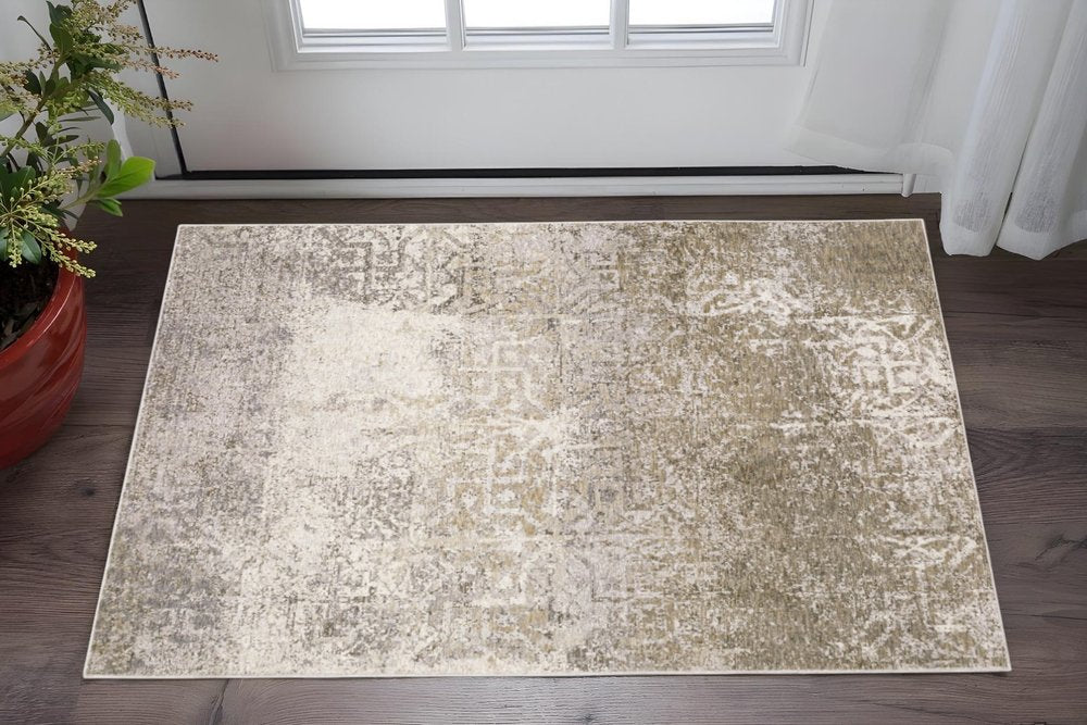 3' X 5' Ivory Grey Tan Brown And Beige Abstract Power Loom Stain Resistant Area Rug