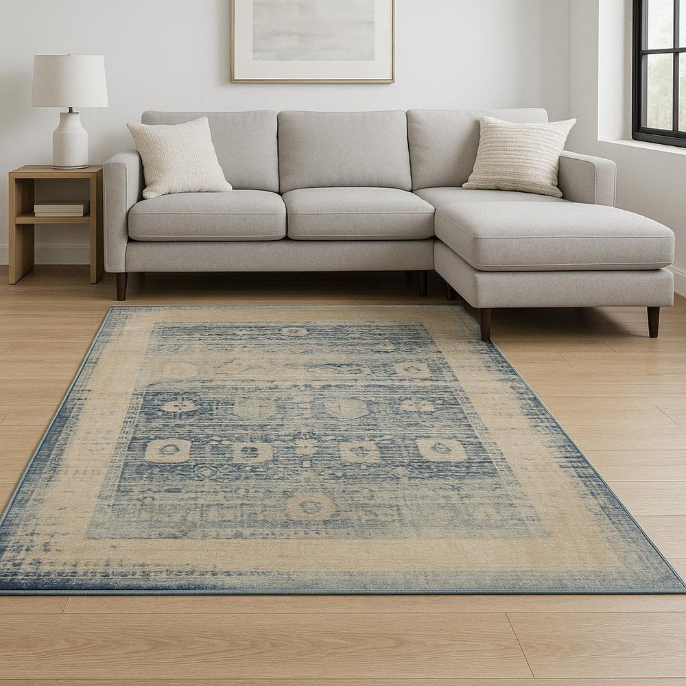 10' X 13' Ivory And Blue Oriental Power Loom Stain Resistant Area Rug