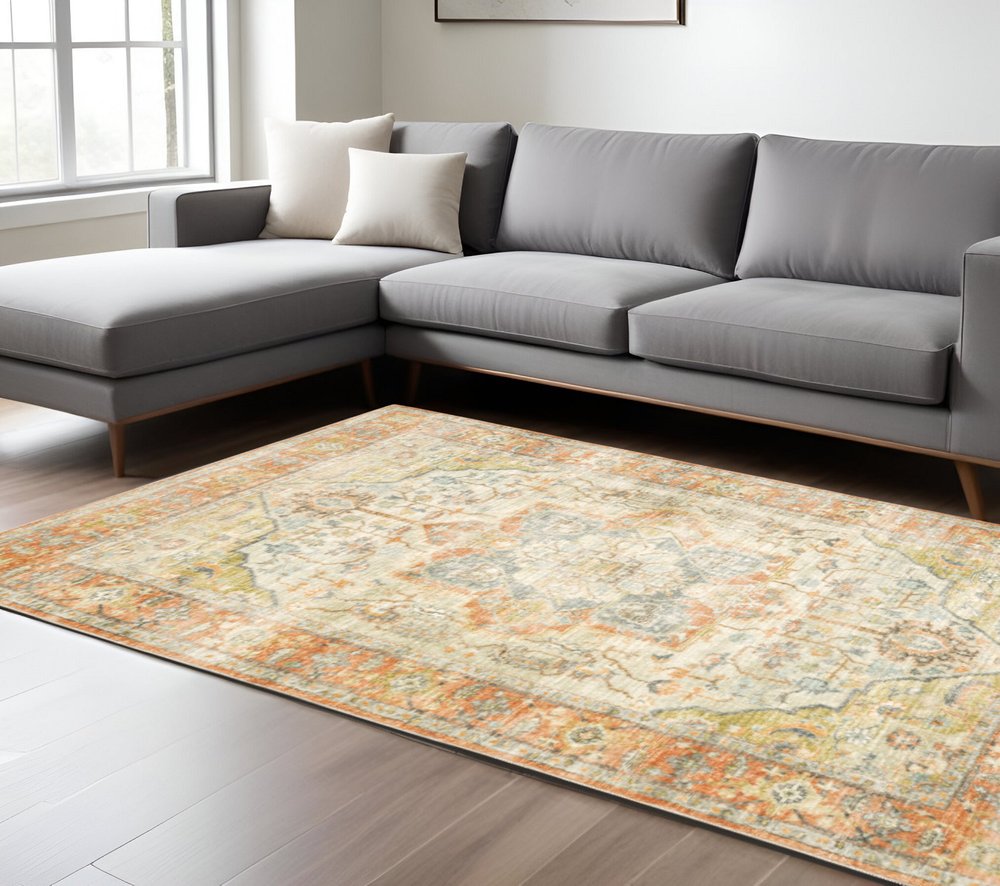 8' X 10' Orange And Blue Abstract Distressed Area Rug