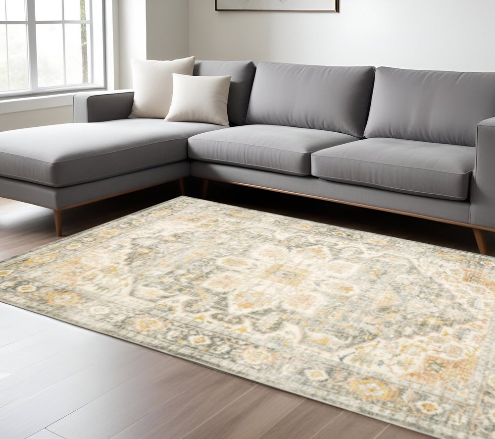 8' X 10' Grey Gold Orange And Ivory Oriental Power Loom Stain Resistant Area Rug