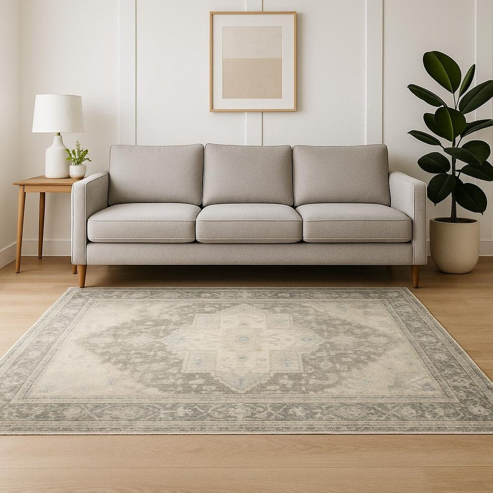 5' X 7' Grey Ivory And Blue Oriental Power Loom Stain Resistant Area Rug