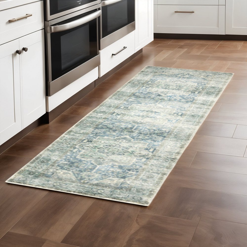 2' X 8' Grey Blue And Ivory Oriental Power Loom Stain Resistant Runner Rug