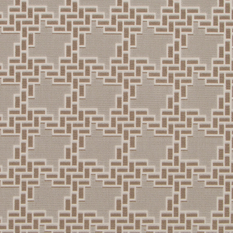 Beige-taupe geometric interlocking lattice fabric with a woven texture, ideal for upholstery or drapery.