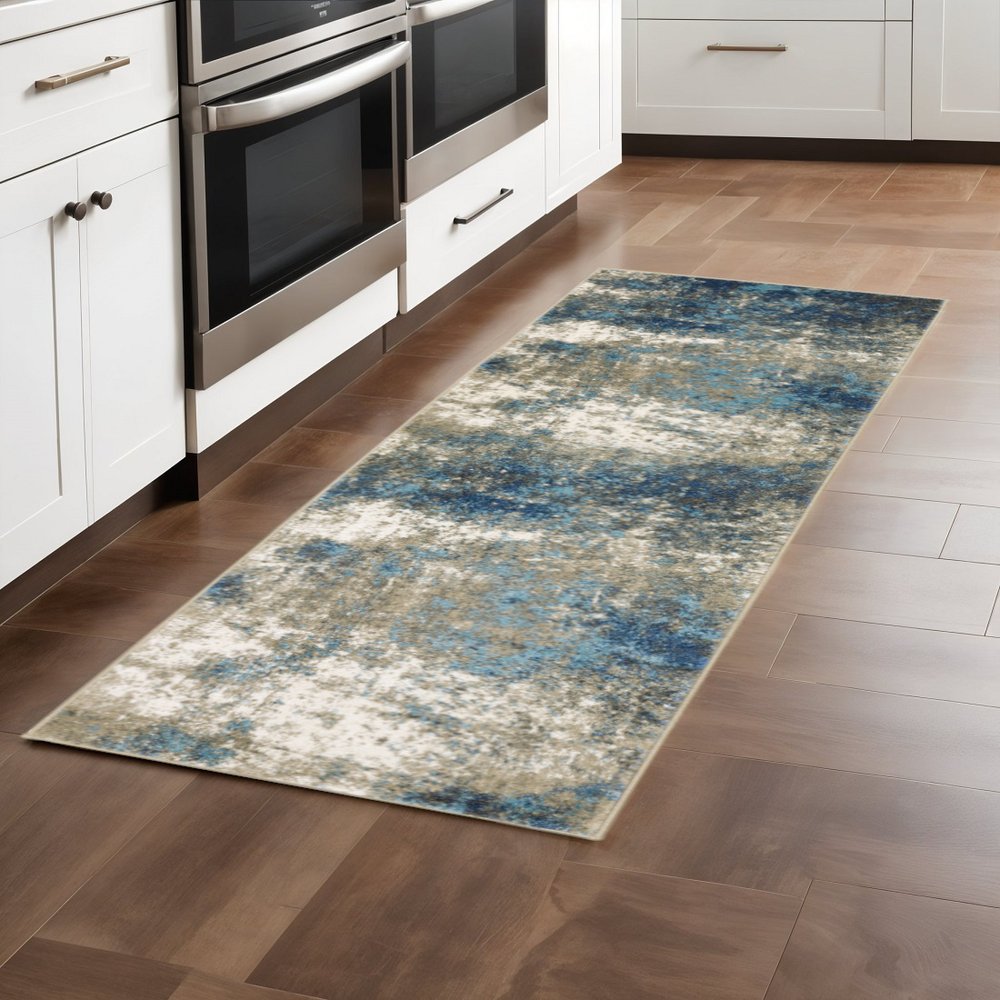 2' X 8' Blue Grey And Beige Abstract Power Loom Stain Resistant Runner Rug