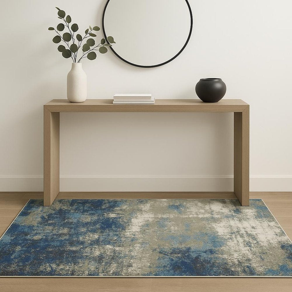 4' X 6' Blue Grey And Beige Abstract Power Loom Stain Resistant Area Rug