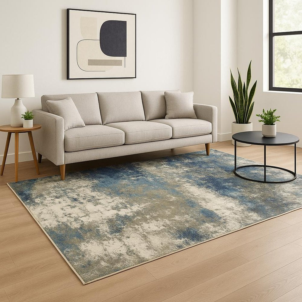 5' X 7' Blue Grey And Beige Abstract Power Loom Stain Resistant Area Rug