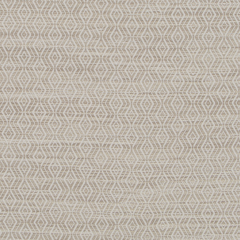 Beige fabric swatch with a decorative lace trim along the right edge; neutral home textile for curtains or upholstery.