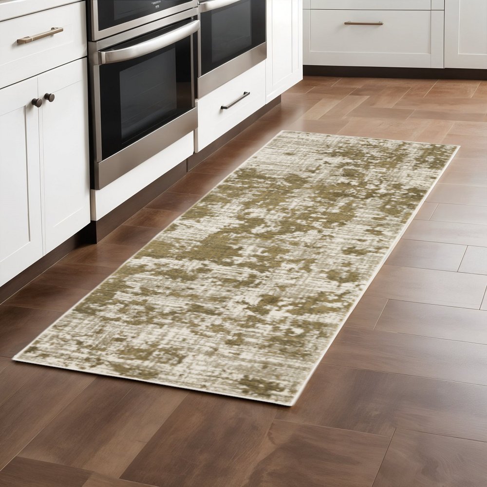 2' X 8' Beige Gold And Grey Abstract Power Loom Stain Resistant Runner Rug