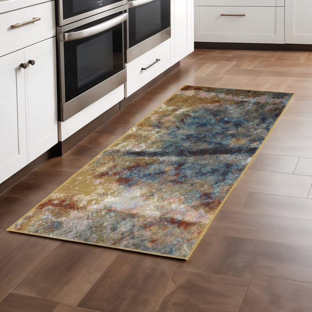 2' X 8' Blue Gold Teal Rust Grey And Beige Abstract Power Loom Stain Resistant Runner Rug