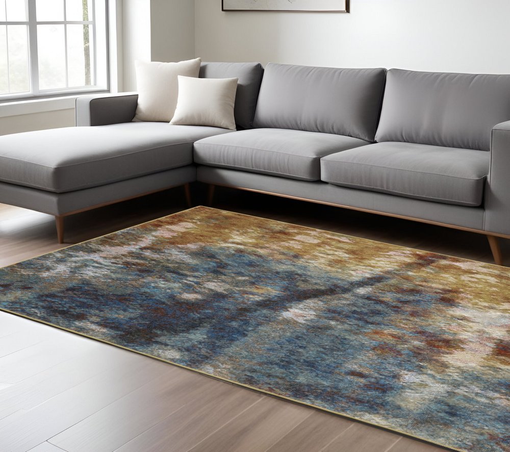 7' X 9' Blue And Gold Abstract Area Rug