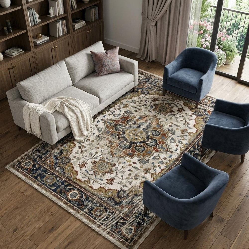 8' X 10' Beige And Blue Oriental Distressed Area Rug