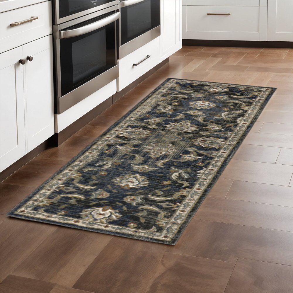 2' X 8' Charcoal Blue Gold Rust And Beige Oriental Power Loom Stain Resistant Runner Rug