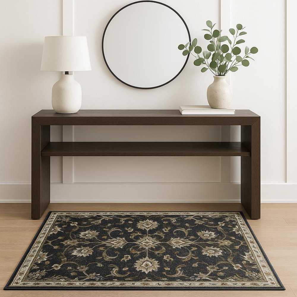 4' X 6' Charcoal Blue Gold Rust And Beige Oriental Power Loom Stain Resistant Area Rug