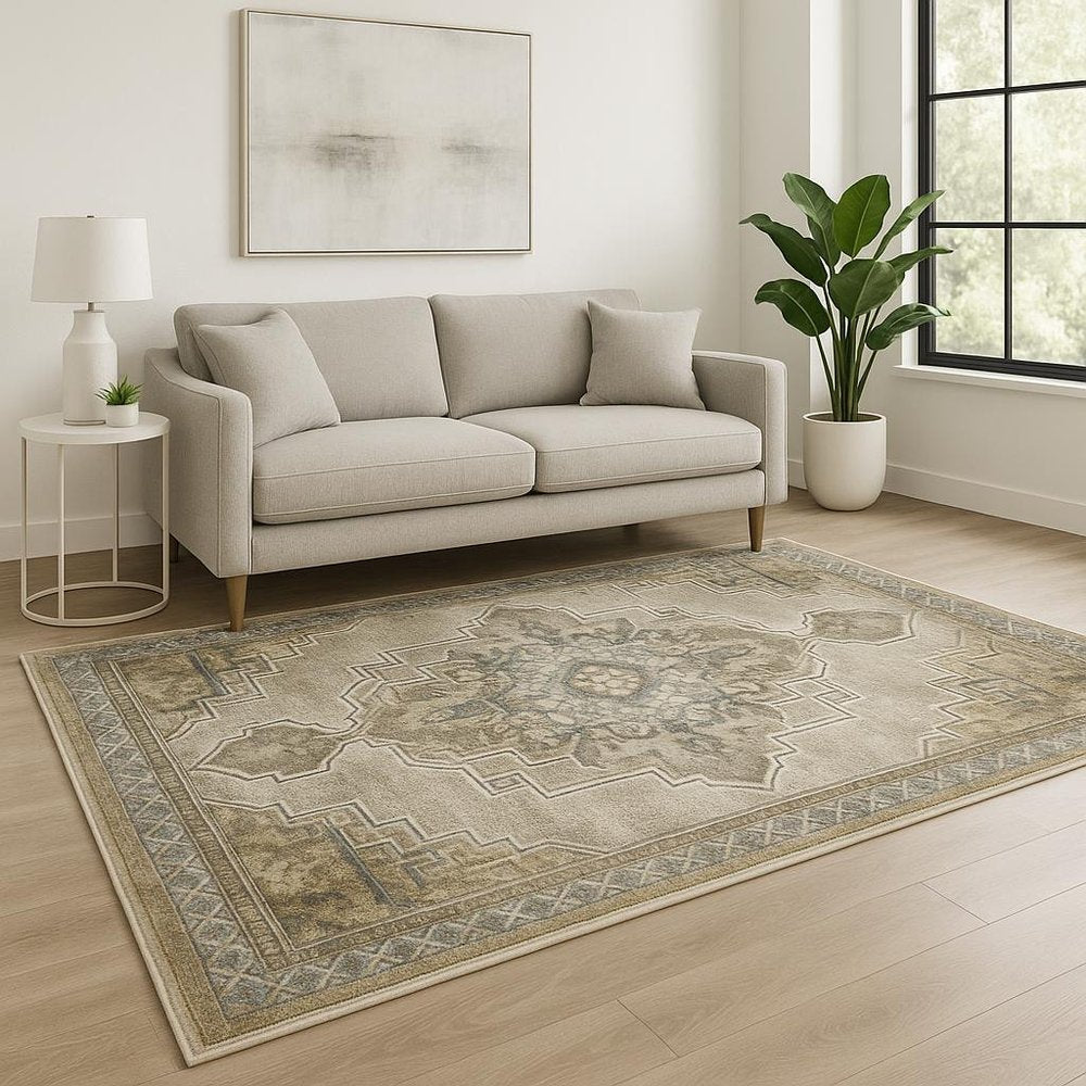 5' X 7' Grey Blue Beige And Gold Oriental Power Loom Stain Resistant Area Rug