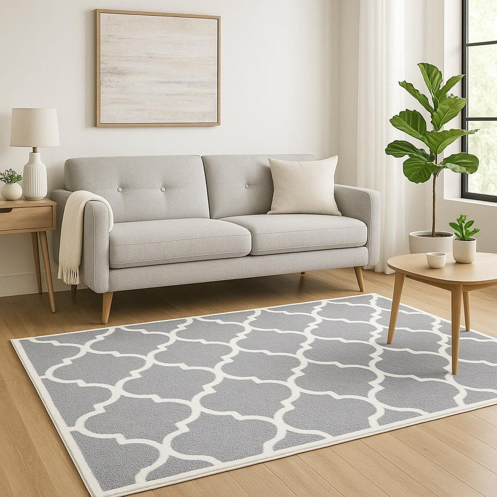 5' X 8' Grey And Ivory Geometric Shag Power Loom Stain Resistant Area Rug