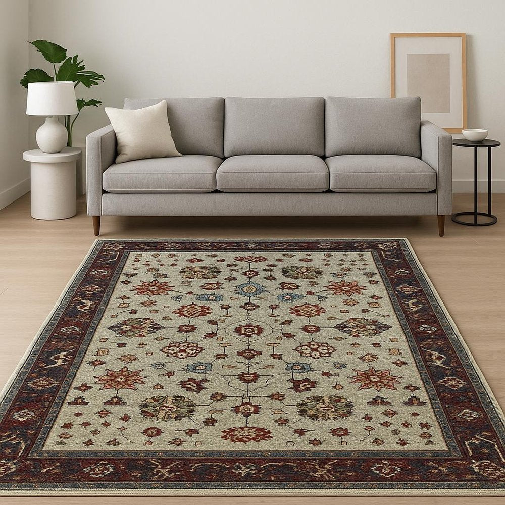 7' X 10' Red and Ivory Oriental Power Loom Area Rug