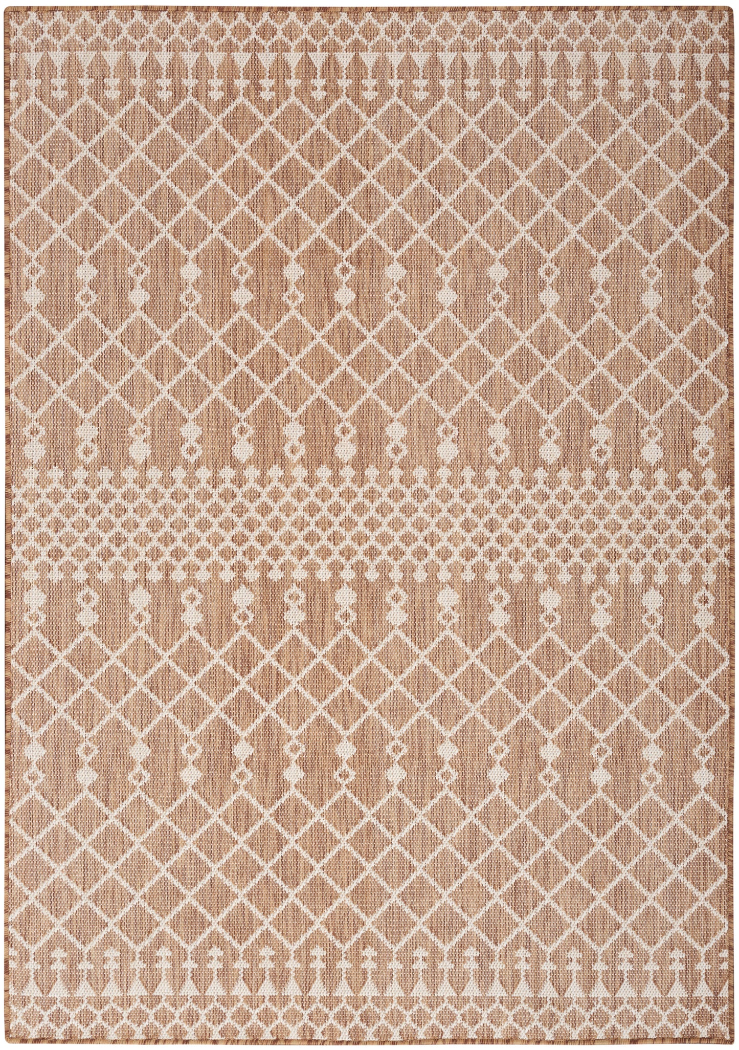 Beige woven area rug with white lattice pattern and diamond motifs; flat-weave style.