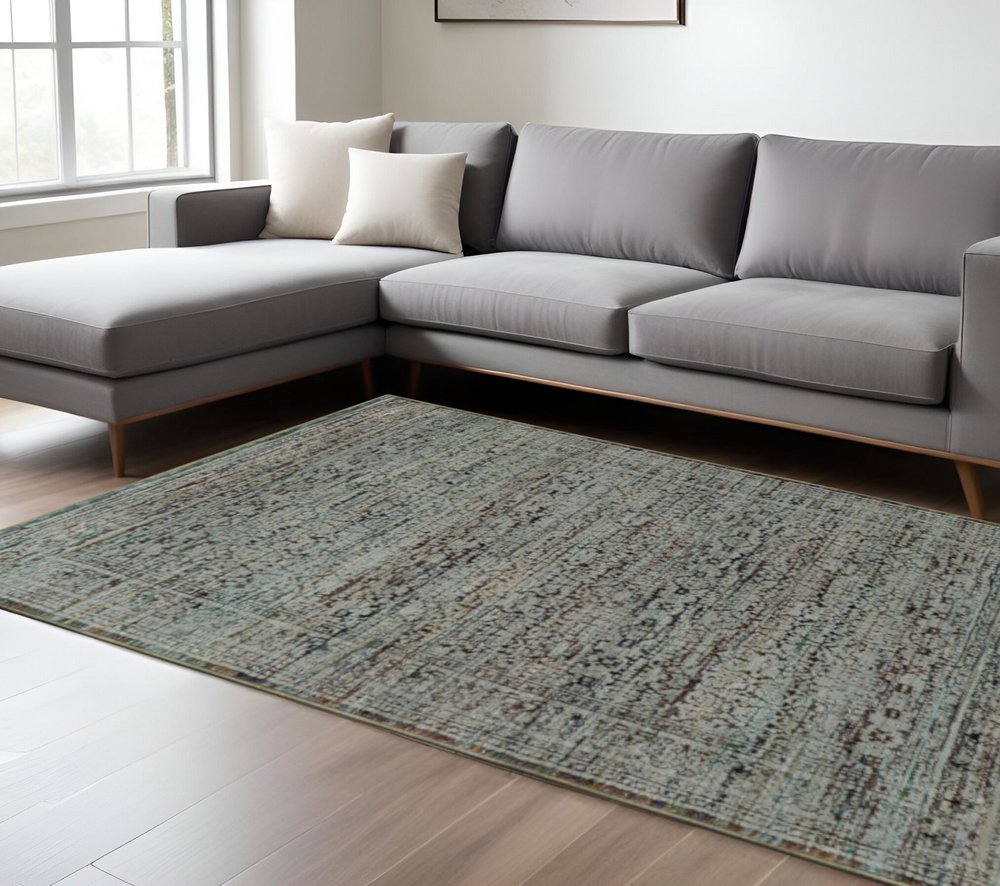 7' X 10' Blue Green Oriental Power Loom Area Rug