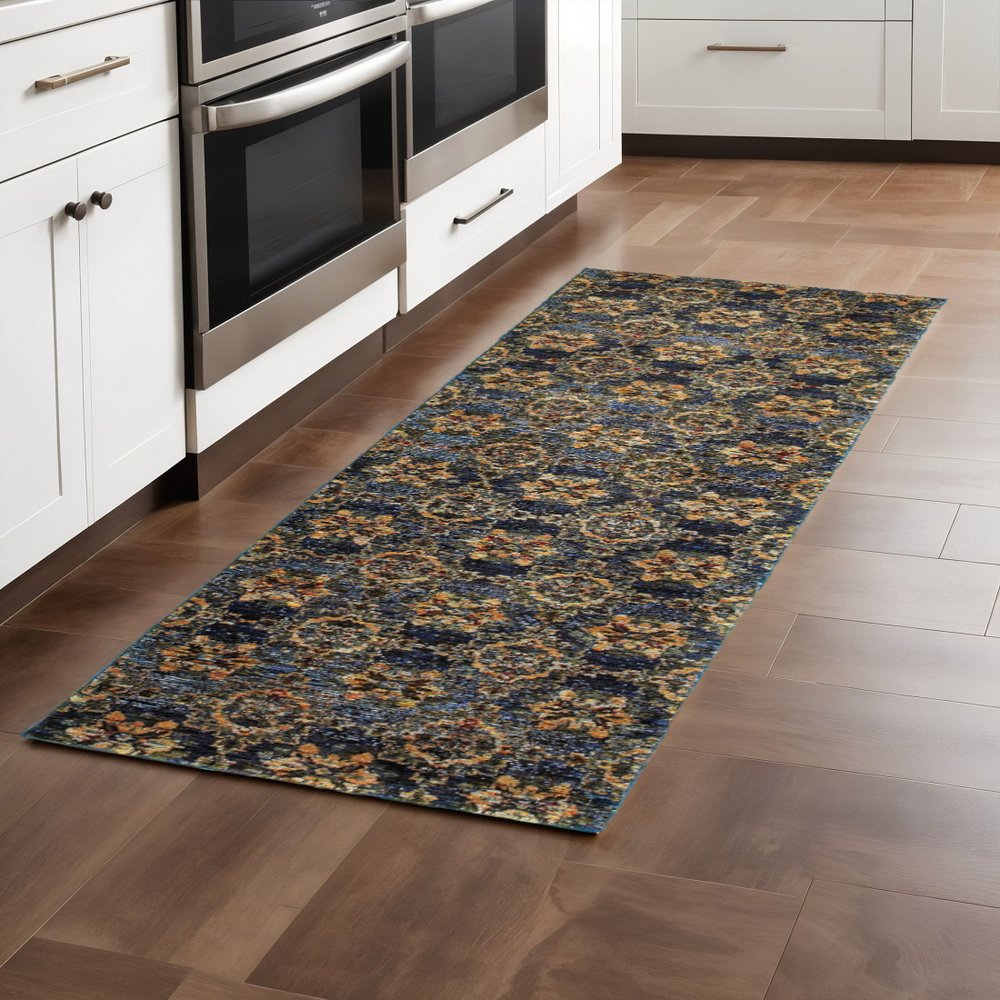8' Blue And Gold Oriental Runner Rug