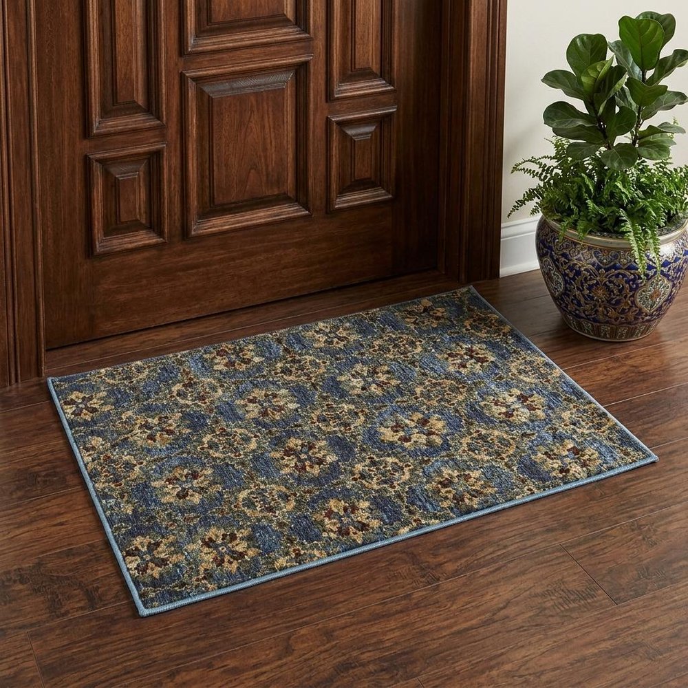3' X 5' Blue And Gold Oriental Area Rug