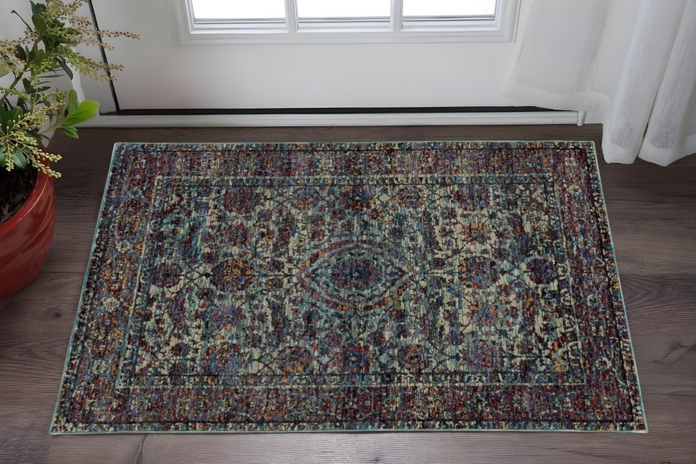 2' X 3' Blue and Purple Oriental Power Loom Area Rug