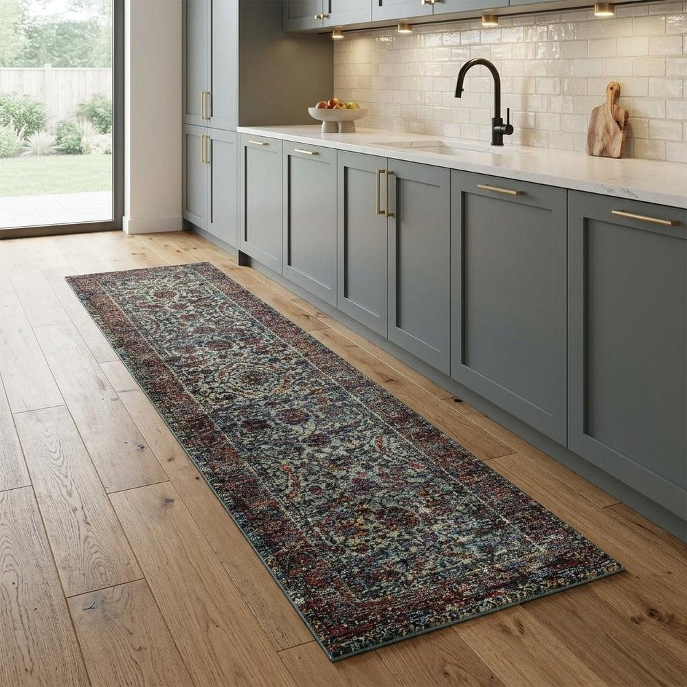 8' Blue And Purple Oriental Runner Rug