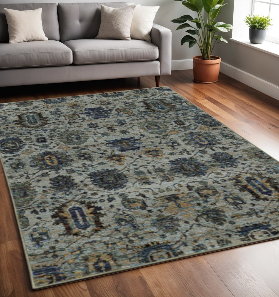 5' X 7' Blue Green Oriental Power Loom Area Rug
